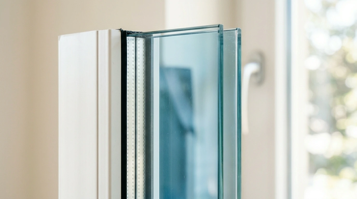 Détail d'un double vitrage performant baigné de lumière