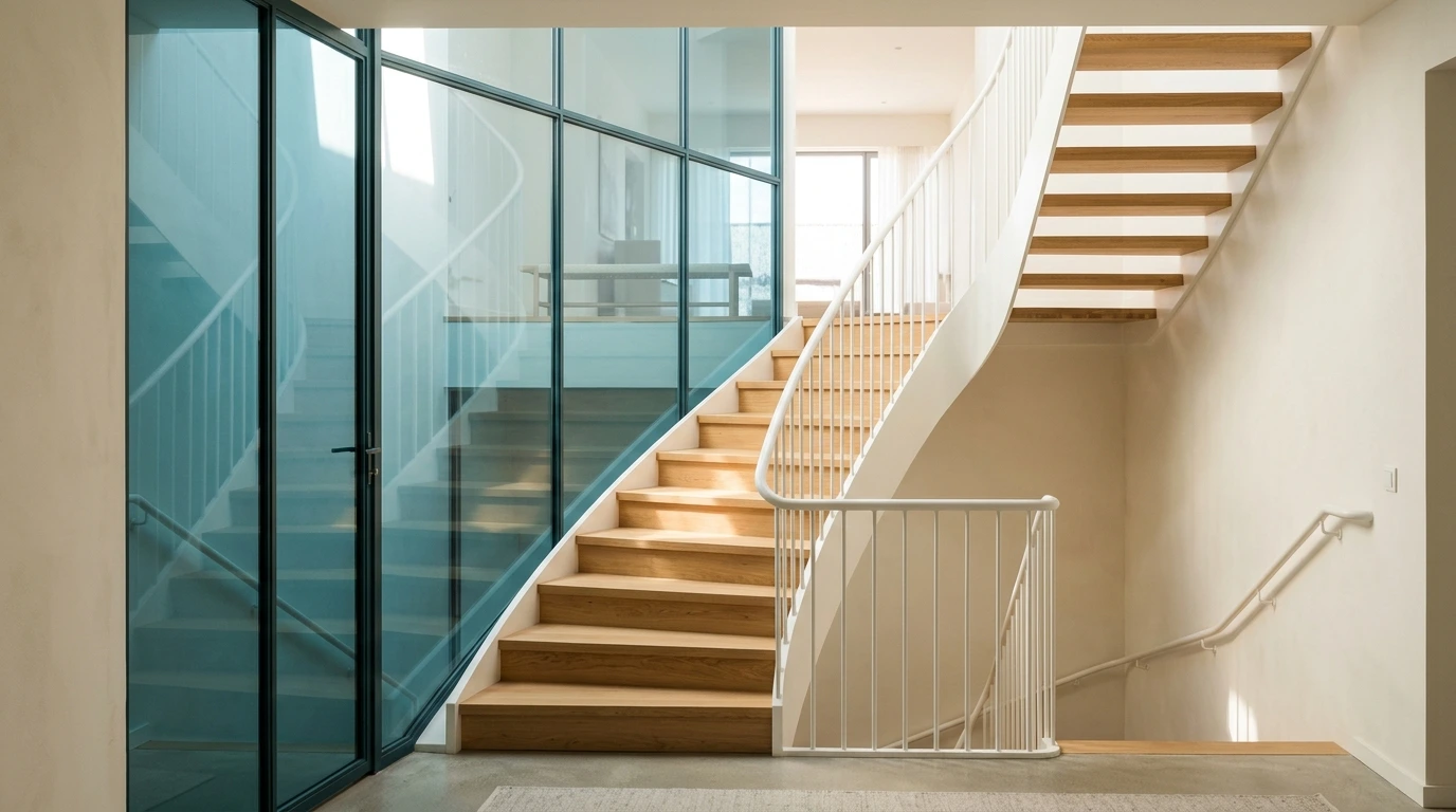 Montée d'escalier baignée de lumière par une cloison vitrée