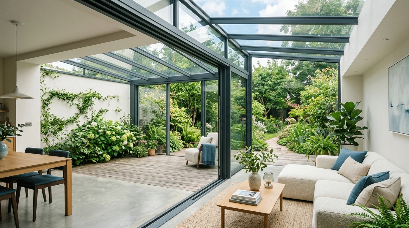 Véranda contemporaine ouverte sur le jardin