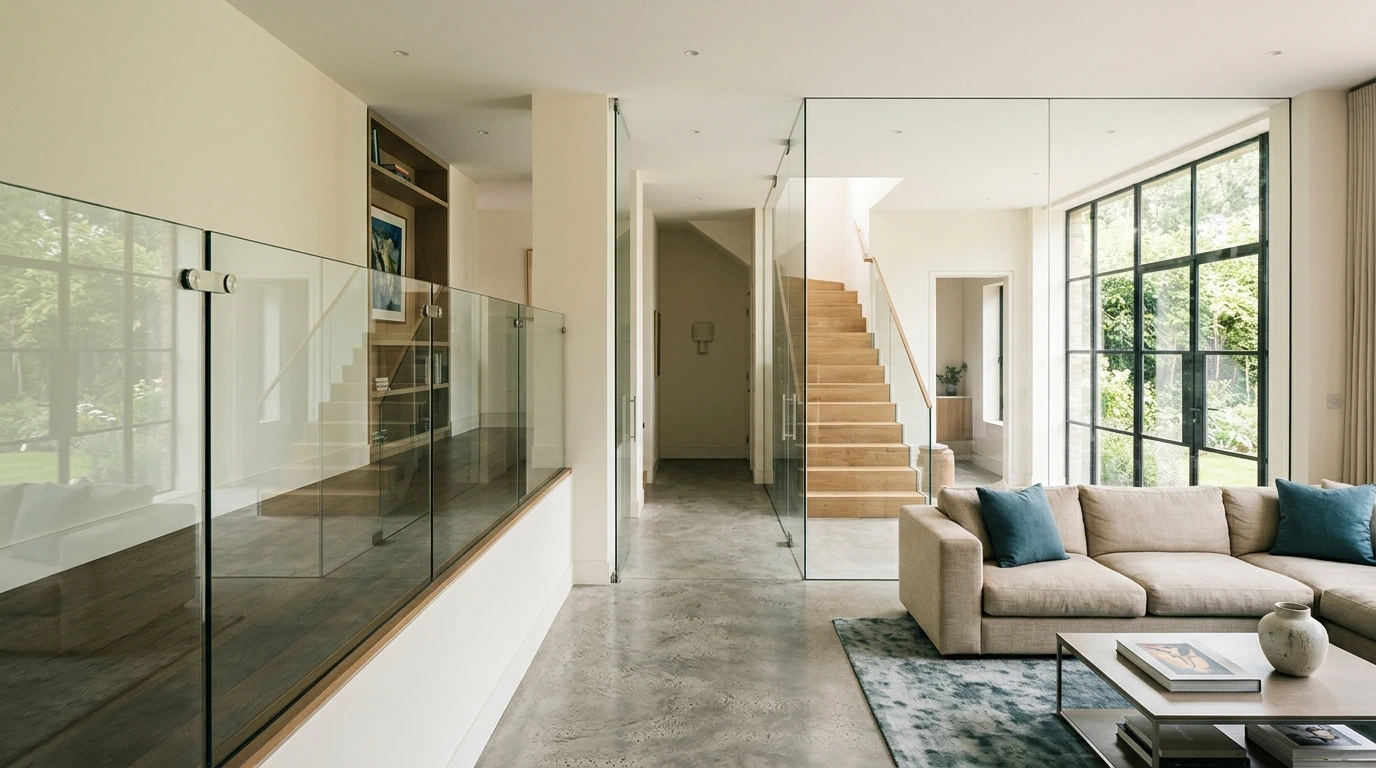 Garde-corps et cloison en verre dans un intérieur design