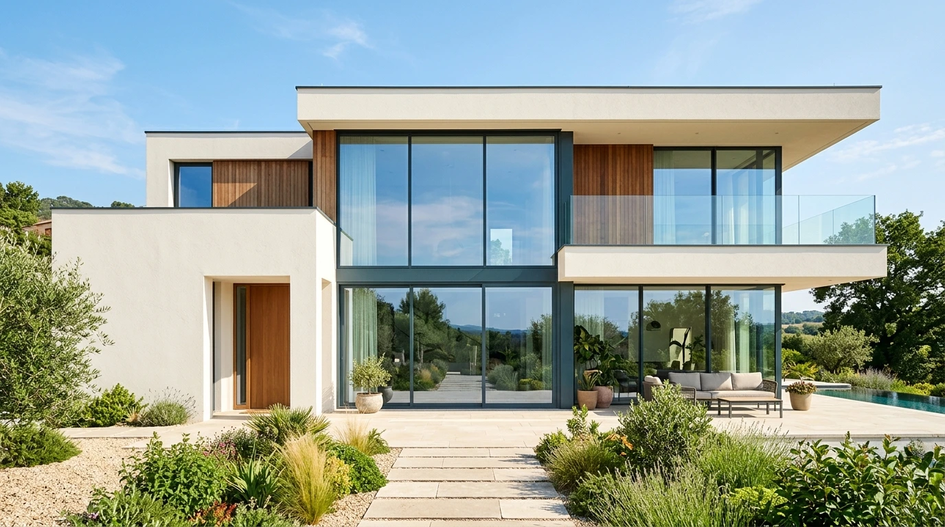 Maison moderne lumineuse avec baies vitrées de grand format
