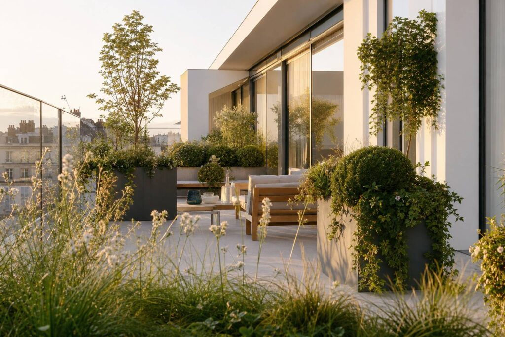 Terrasse parisienne végétalisée avec plantes en strates, assise en teck et baies vitrées lumineuses