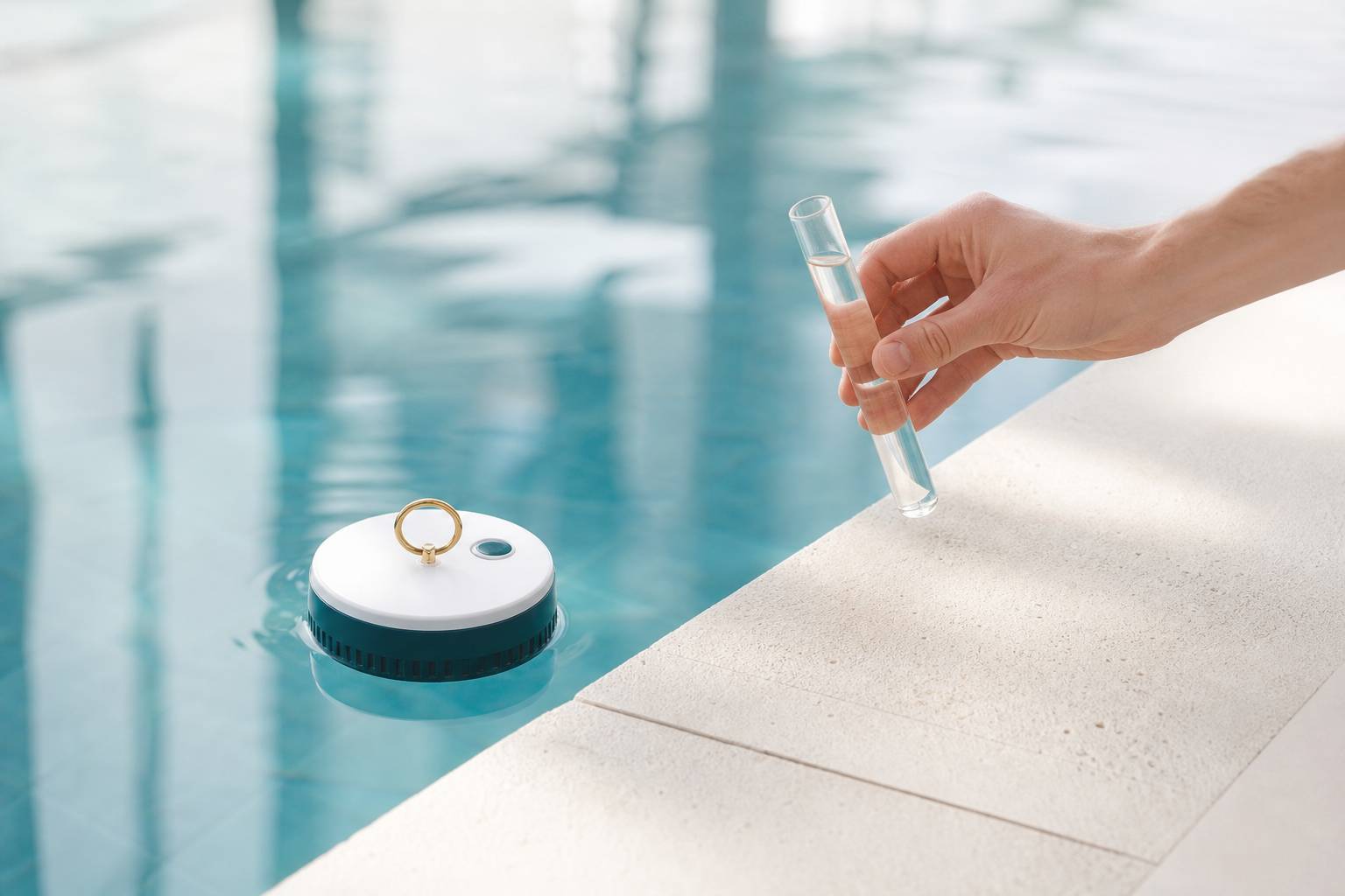 Testeur d'analyse d'eau flottant dans une piscine claire avec éprouvette d'échantillon en main