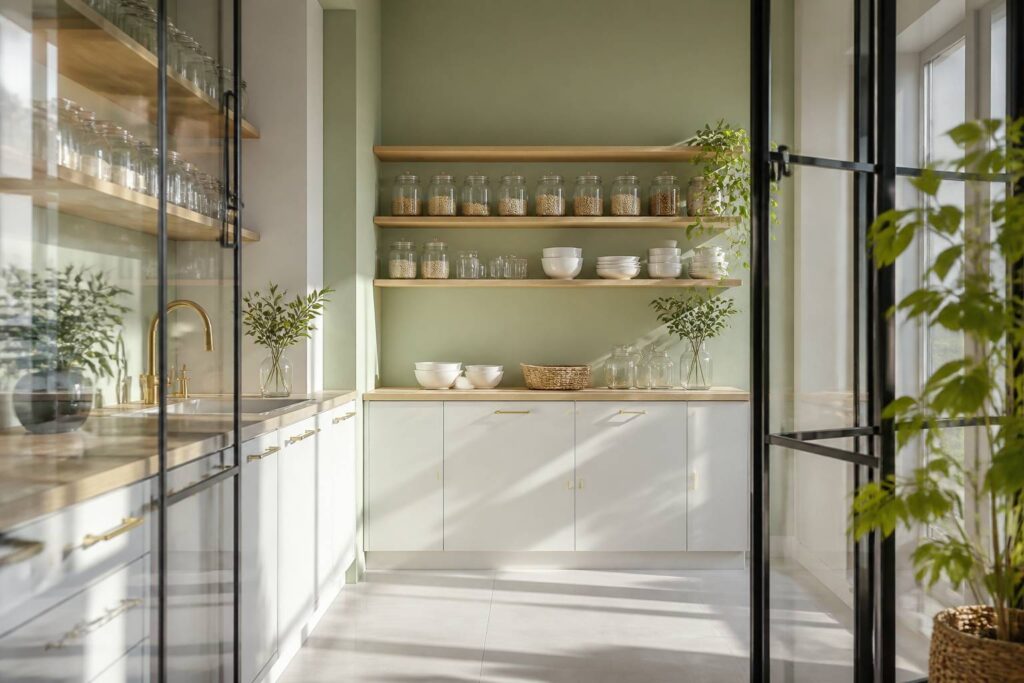 Arrière-cuisine aménagée avec verrière en acier noir, étagères ouvertes et plan de travail en bois clair