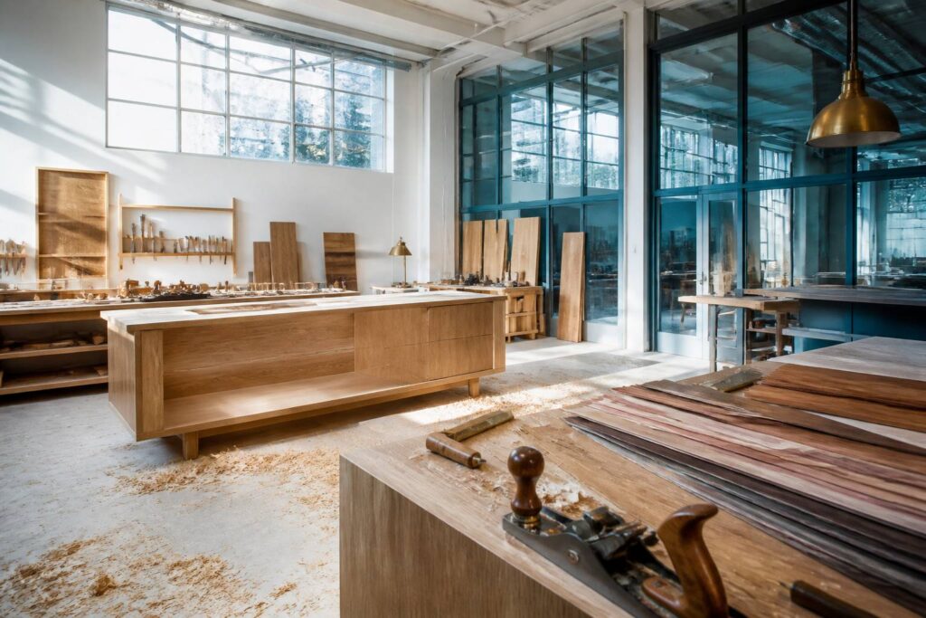 Atelier d'ébénisterie avec meuble en chêne massif en finition et placages de bois précieux