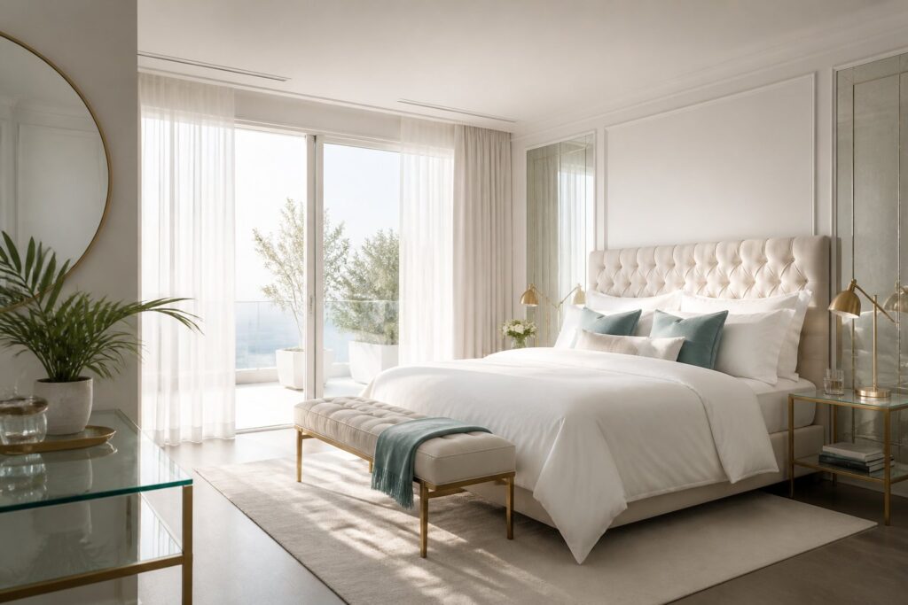 Chambre de style hôtelier avec lit aux draps blancs et lampe en laiton
