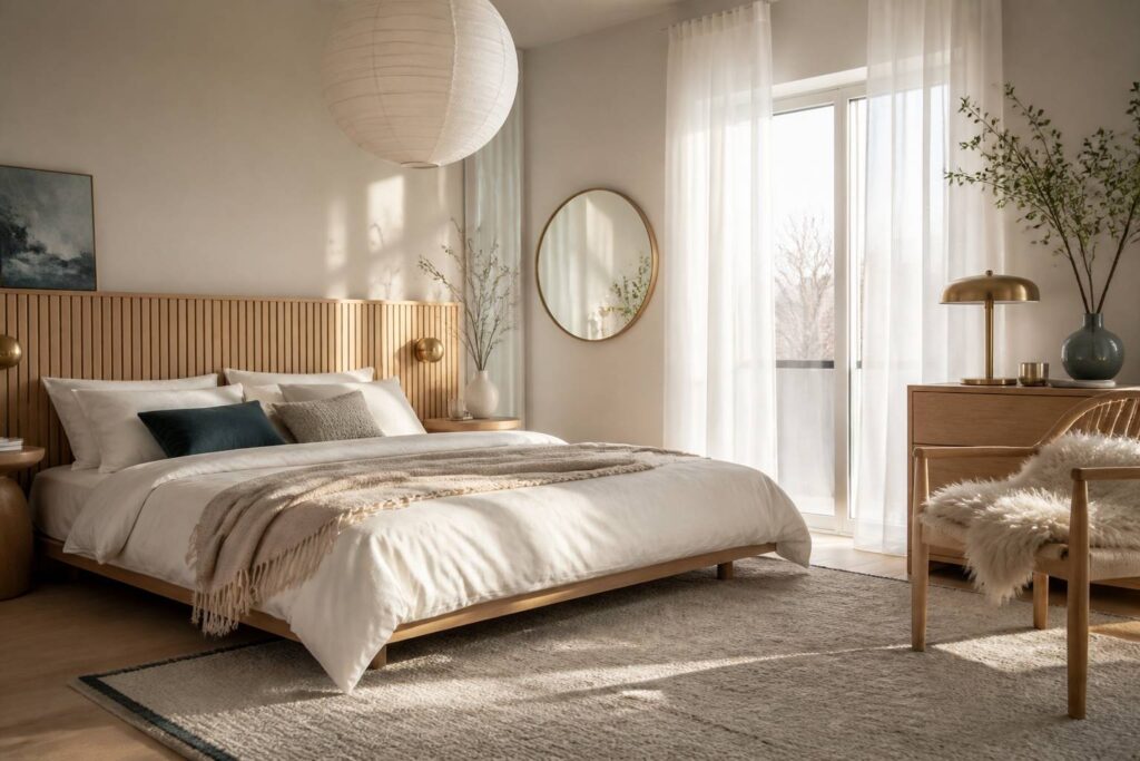 Chambre scandinave avec lit en bois clair et textiles naturels