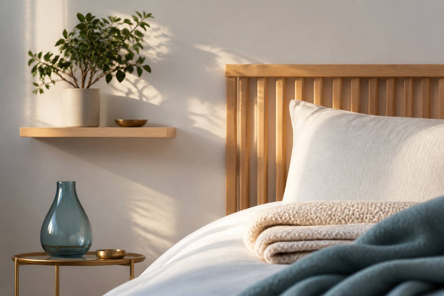 Tête de lit en lattes de bois avec plaid en laine texturée