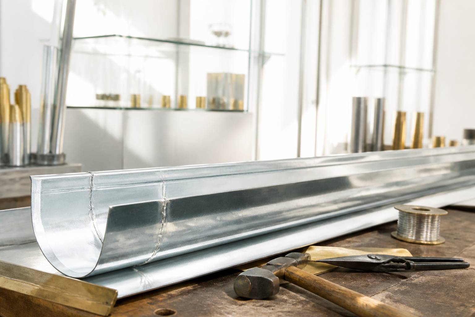 Chéneau en zinc neuf avec outillage de couvreur sur un banc