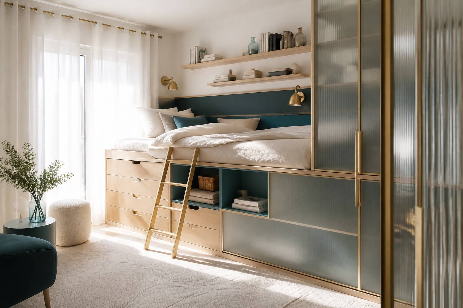 Coin nuit compact avec lit surélevé et rangements astucieux