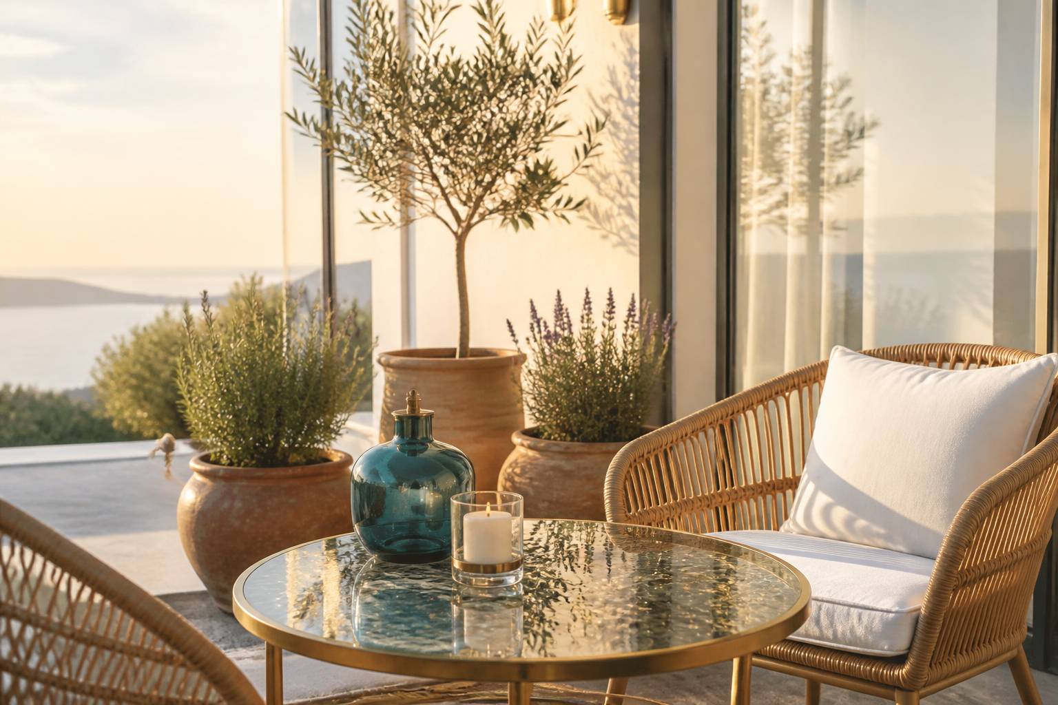 Coin terrasse avec guéridon en verre, fauteuils rotin et plantes méditerranéennes