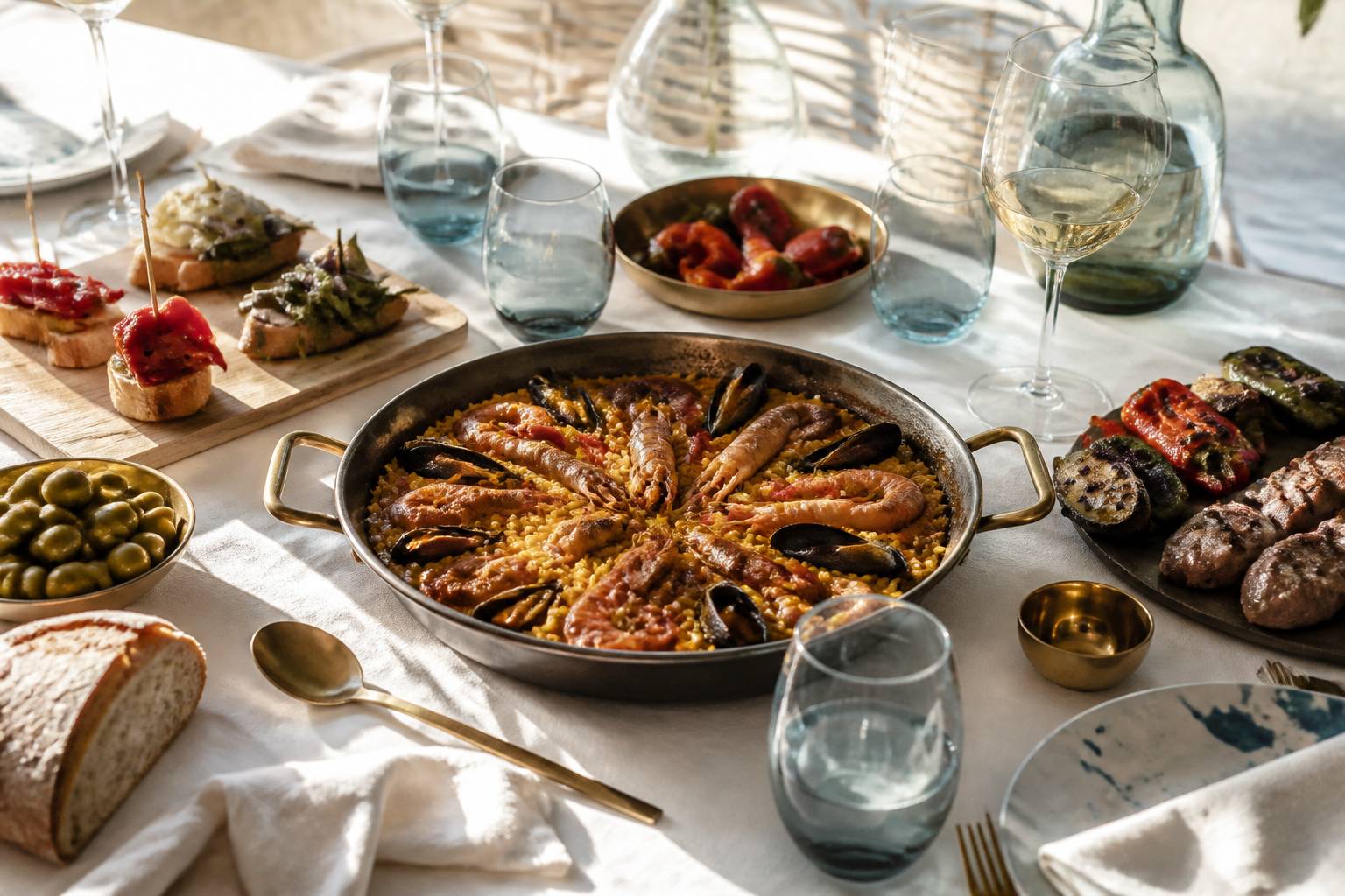 Table basque généreuse avec paella et pintxos