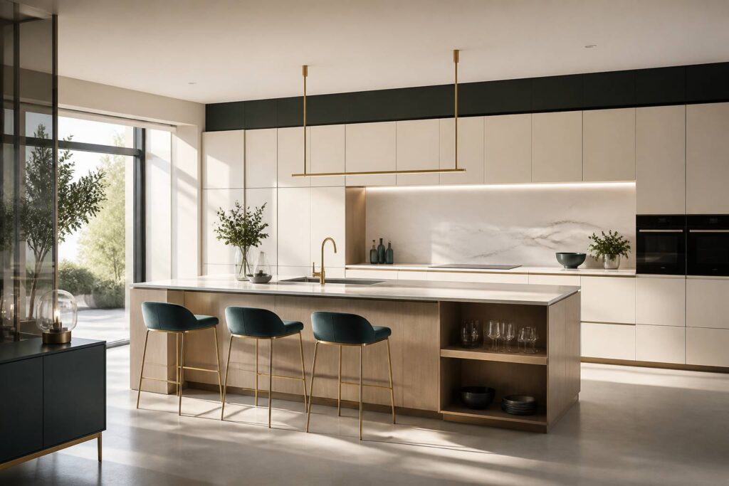 Cuisine moderne haut de gamme avec îlot central en bois clair et façades laquées