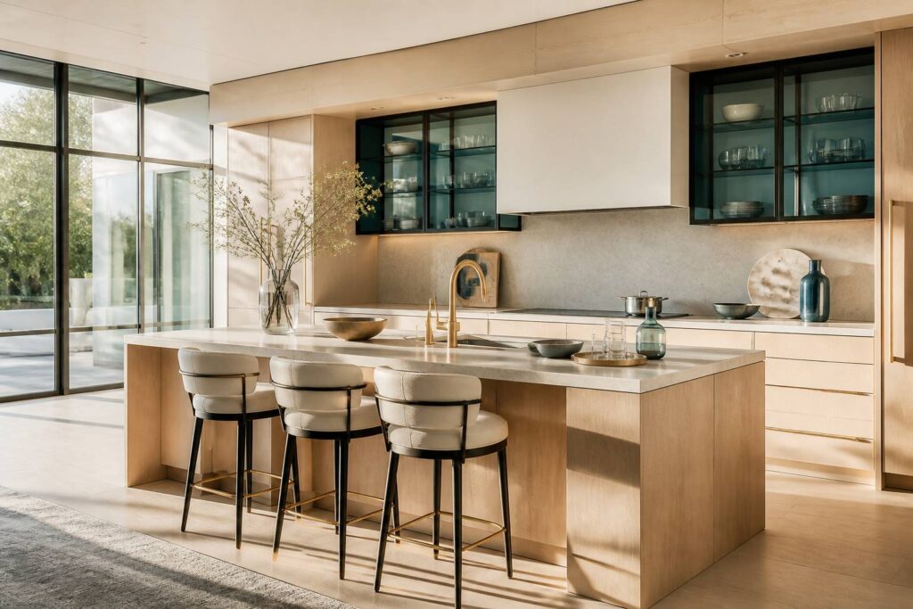 Cuisine moderne lumineuse avec îlot central et meubles en bois clair