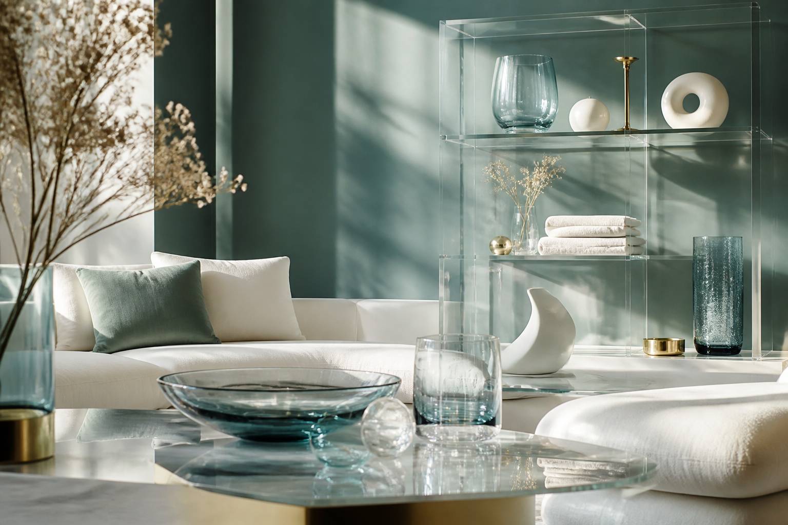 Coin de salon avec mur vert, étagère en verre et vases décoratifs