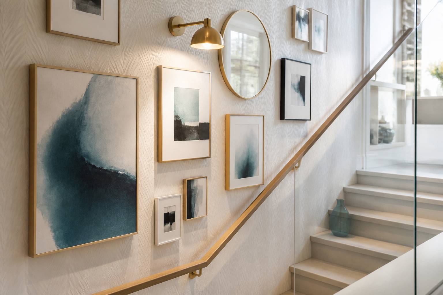 Mur d'escalier décoré de cadres variés, miroir rond et applique murale en laiton