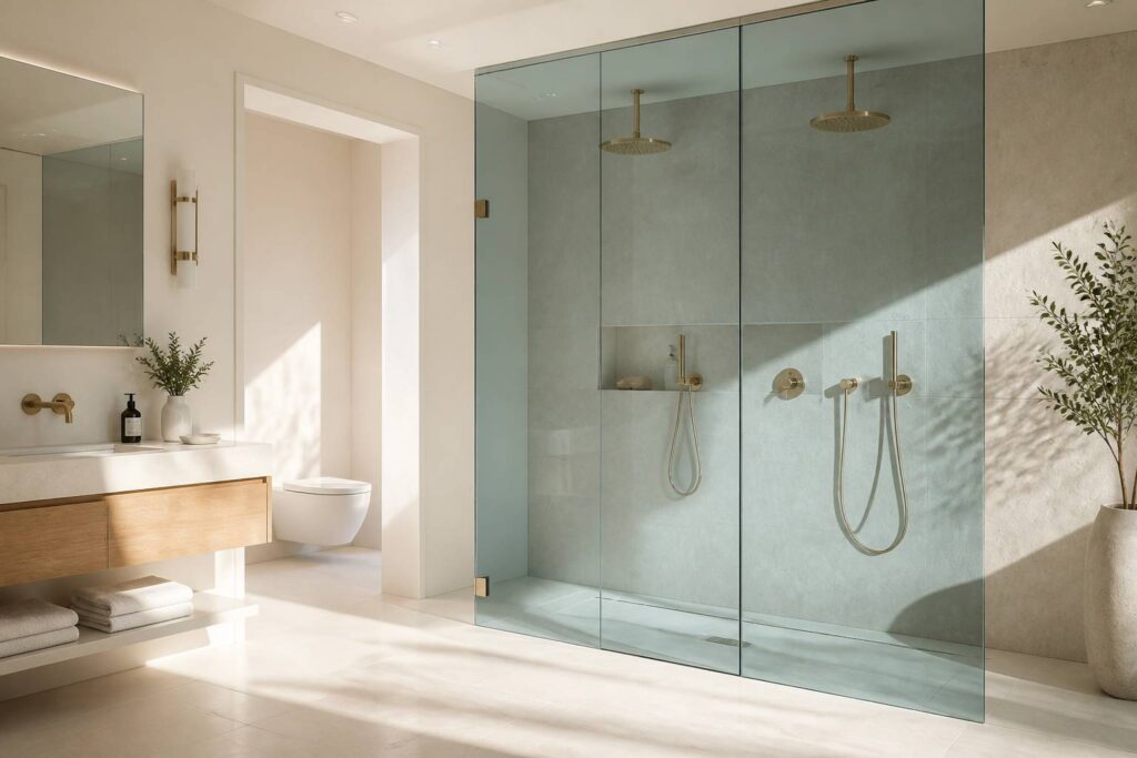 Douche double avec paroi en verre dans une salle de bain lumineuse