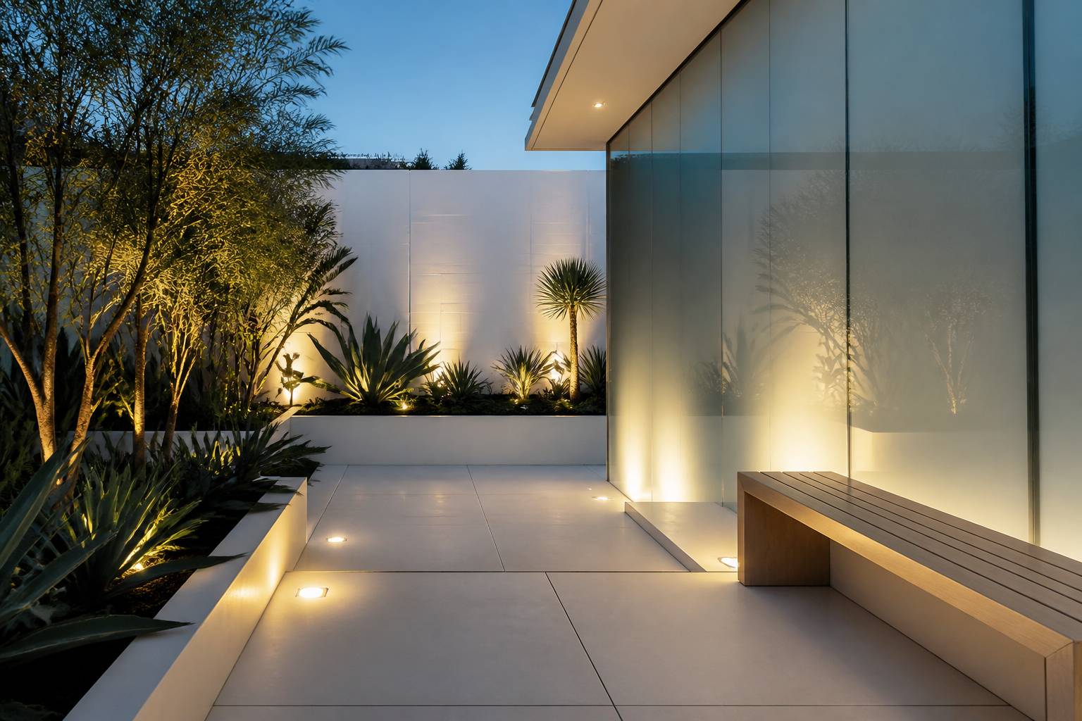 Coin de jardin contemporain éclairé le soir révélant les volumes