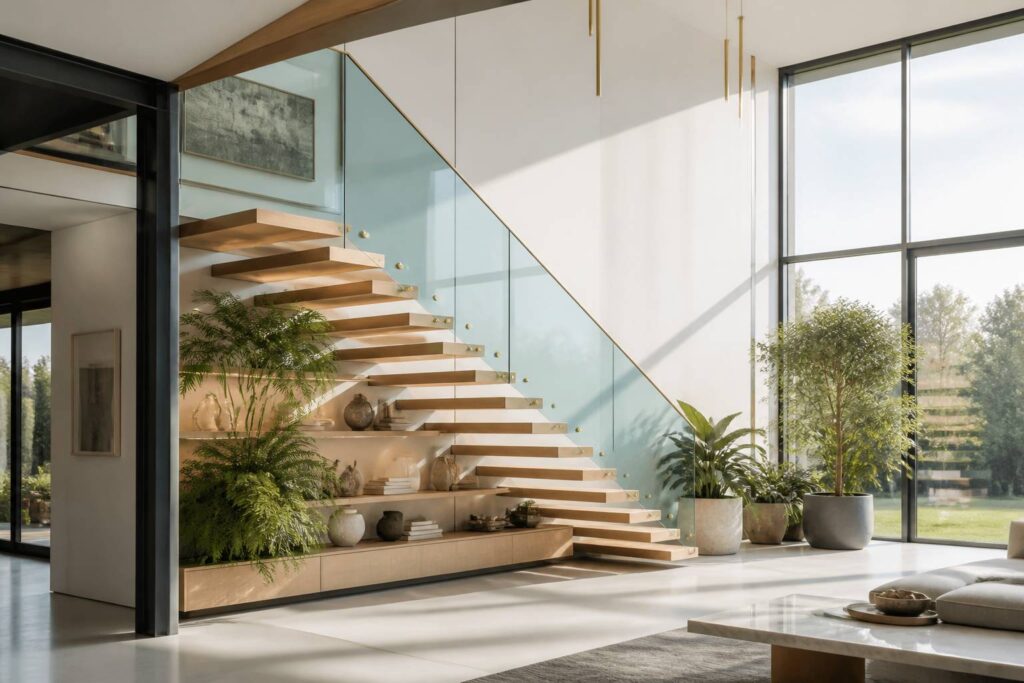 Escalier flottant en bois avec garde-corps en verre dans un intérieur clair
