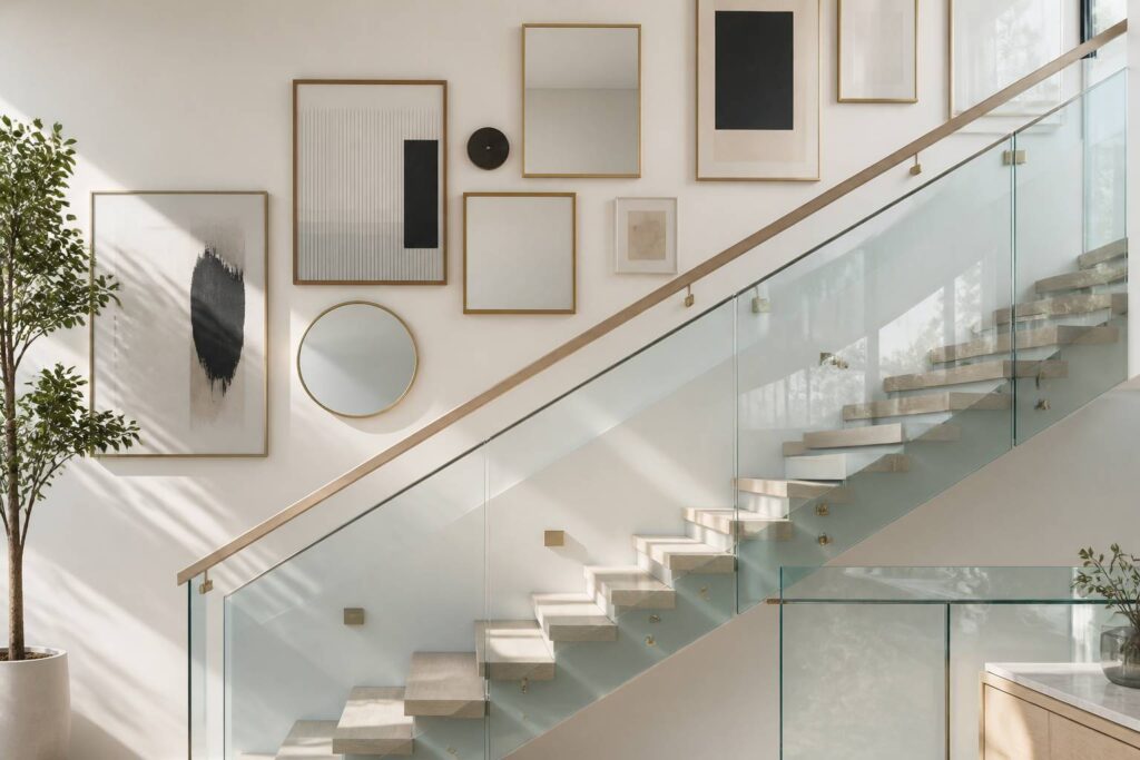 Escalier contemporain lumineux avec mur de cadres et miroirs et garde-corps en verre