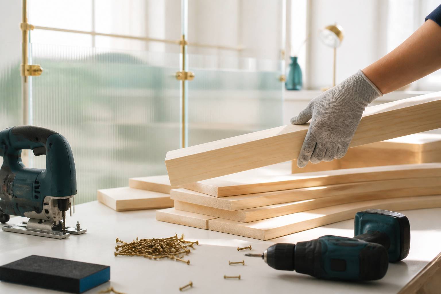 Atelier de bricolage avec planches et outils pour tête de lit