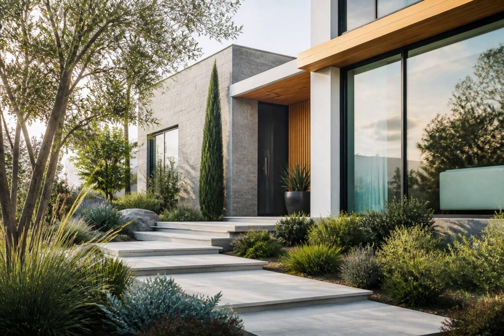 Façade de maison grise moderne avec des éléments en bois et une entrée végétalisée