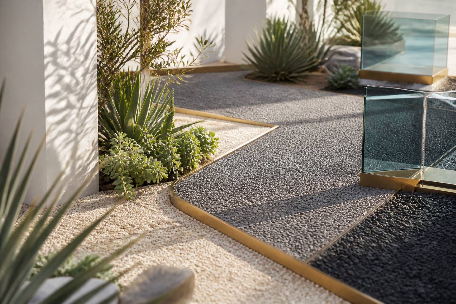 Allée de gravier décoratif bordée de plantes résistantes
