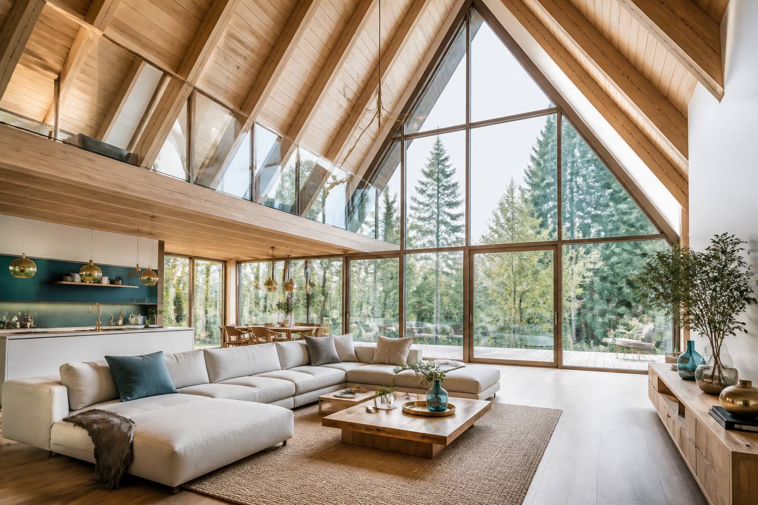 Intérieur de maison A Frame avec toit cathédrale, mezzanine en bois et baie vitrée sur la forêt