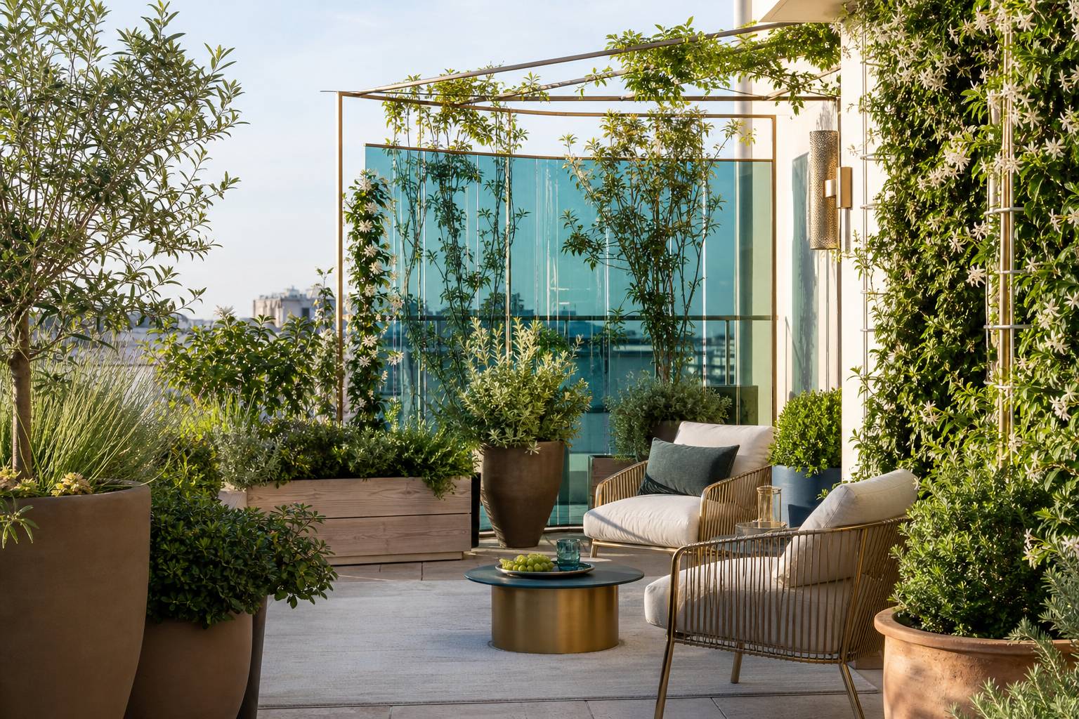 Jardin urbain parisien composé en strates avec grands contenants en terre cuite et plantes grimpantes