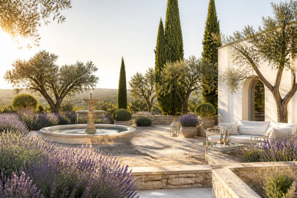 Allée de lavande avec muret de pierre et cyprès en Provence
