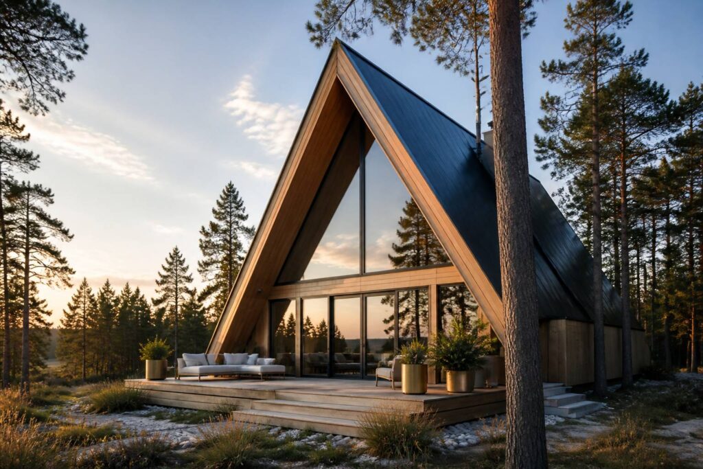 Maison A Frame en bois et verre au toit triangulaire posée dans une clairière de pins au soir