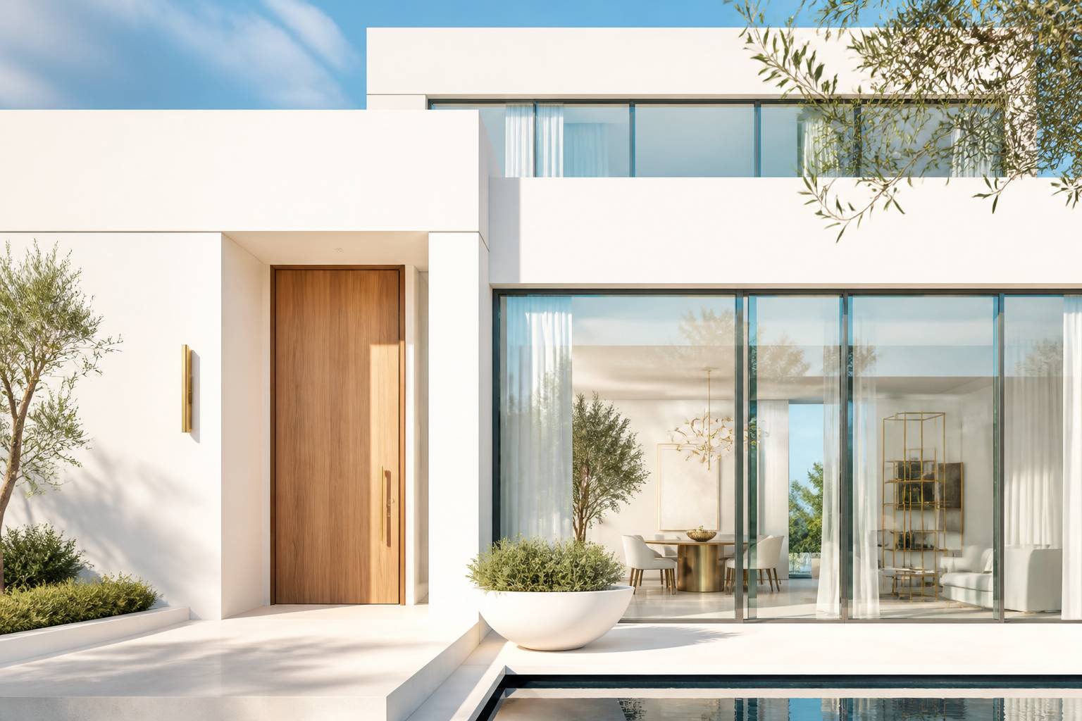 Façade moderne blanche avec grandes baies vitrées lumineuses
