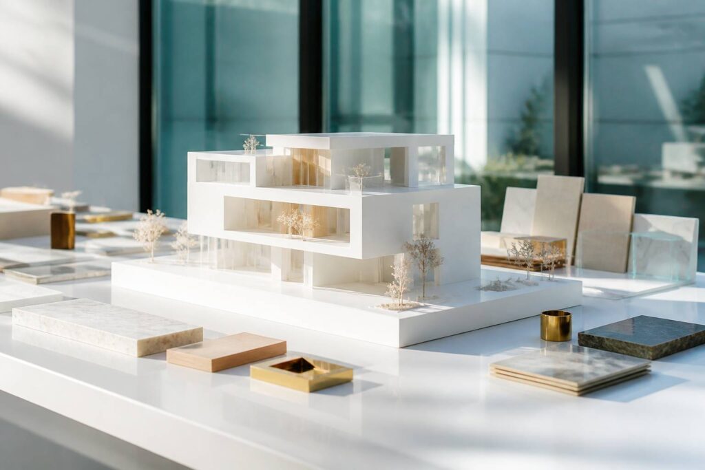 Maquette d'architecture blanche avec échantillons de matériaux