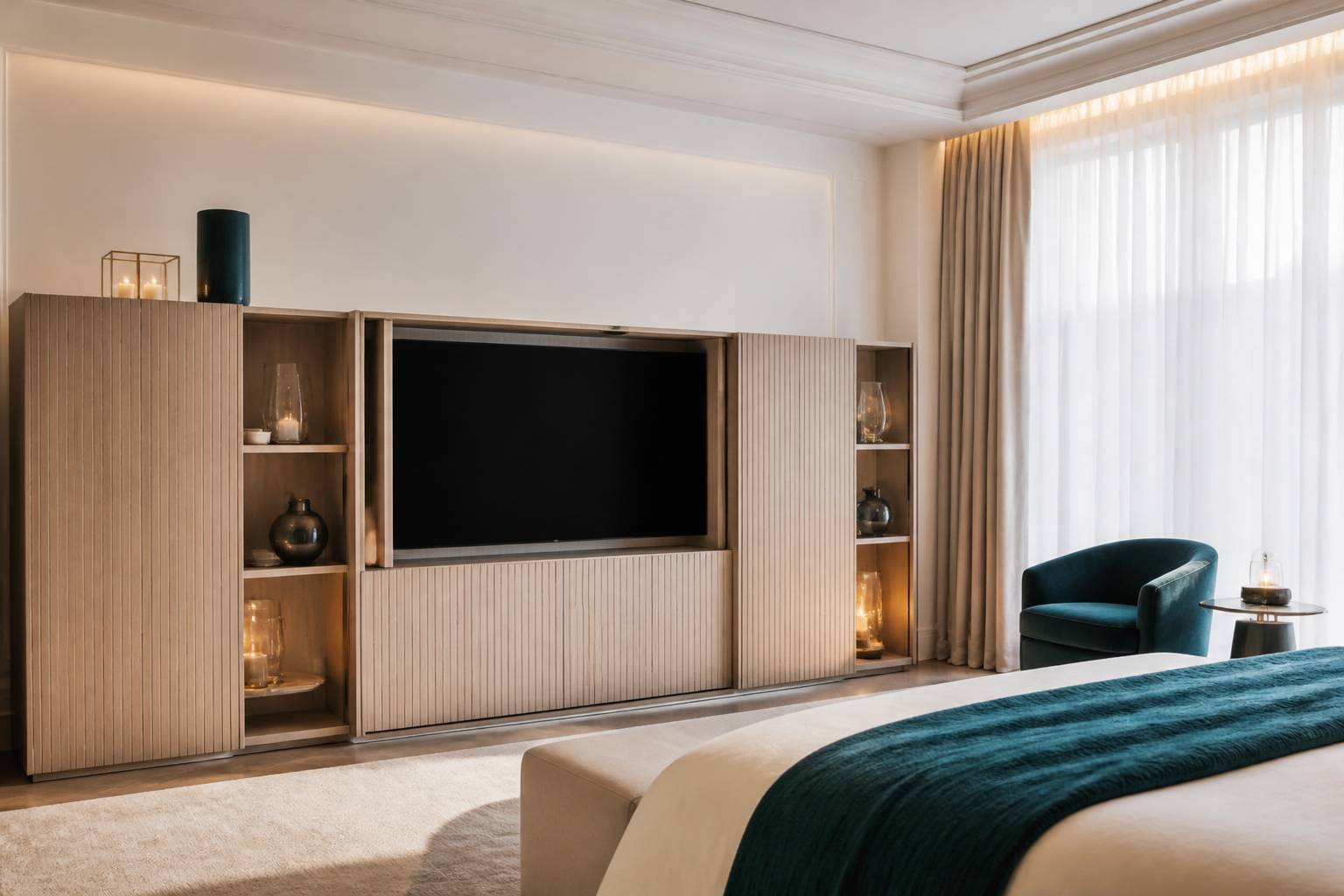 Meuble TV à portes fermées dissimulant un écran dans une chambre