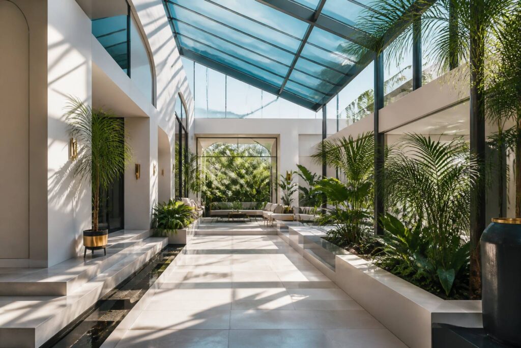 Patio intérieur lumineux avec plantes et verrière
