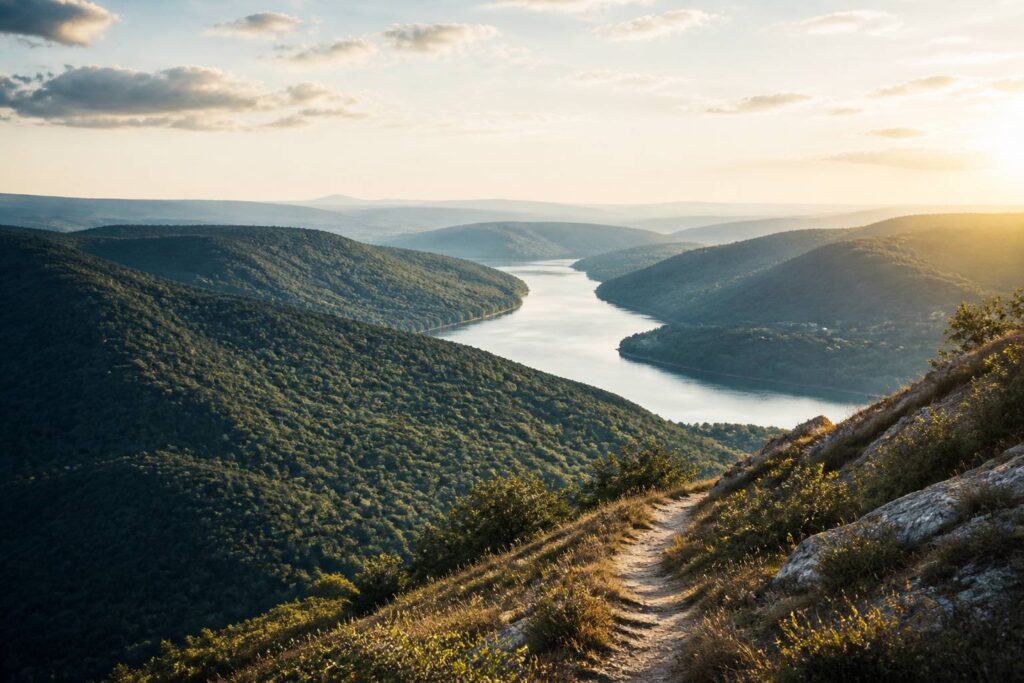 Vallée naturelle avec forêt et rivière en lumière dorée