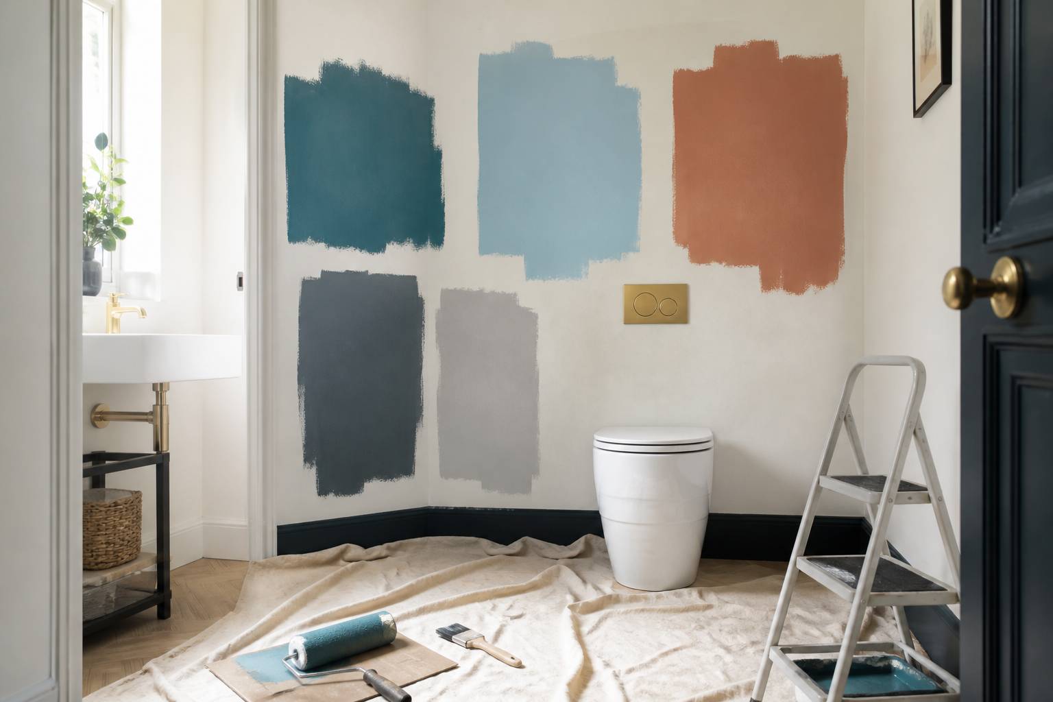Aplats de teintes de peinture sur le mur d'un WC avec rouleau
