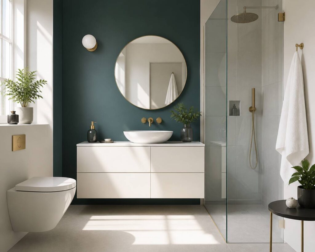 WC lumineux au mur peint vert profond avec miroir et plantes