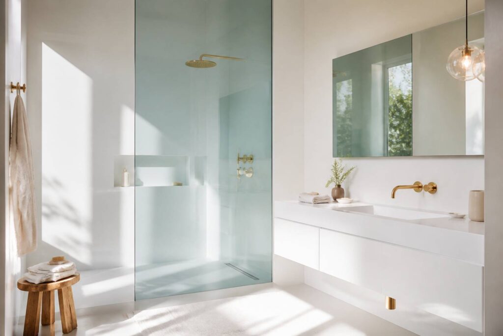 Petite salle de bains lumineuse avec douche à l'italienne vitrée