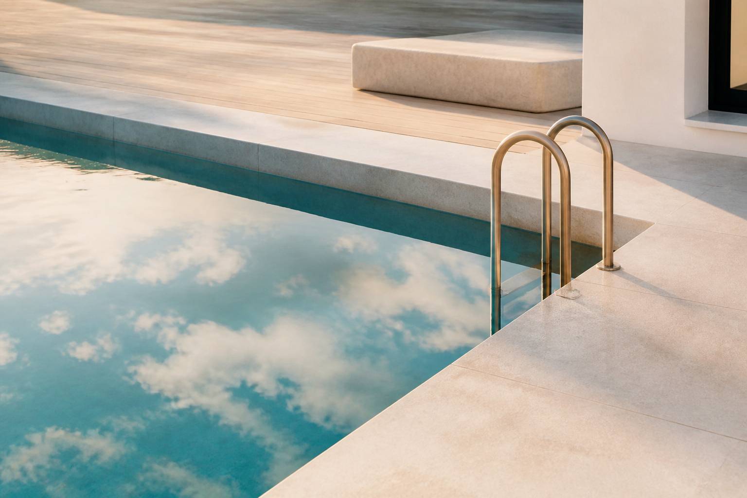 Détail de piscine contemporaine en pierre claire et bois avec eau calme