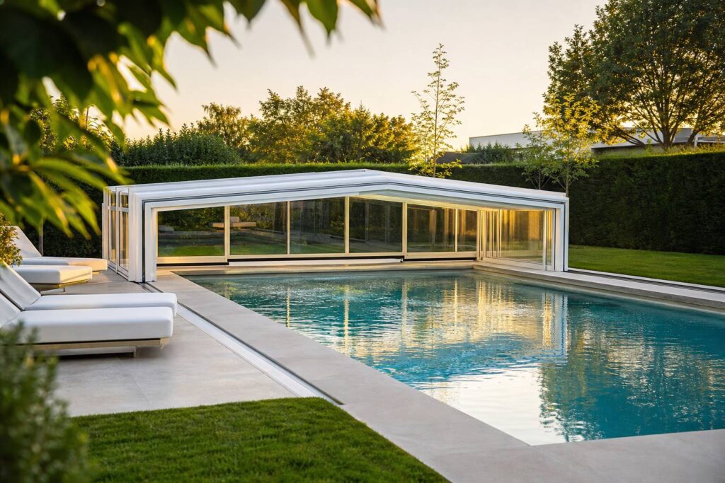 Piscine extérieure élégante avec eau turquoise et abri vitré escamotable dans un jardin soigné