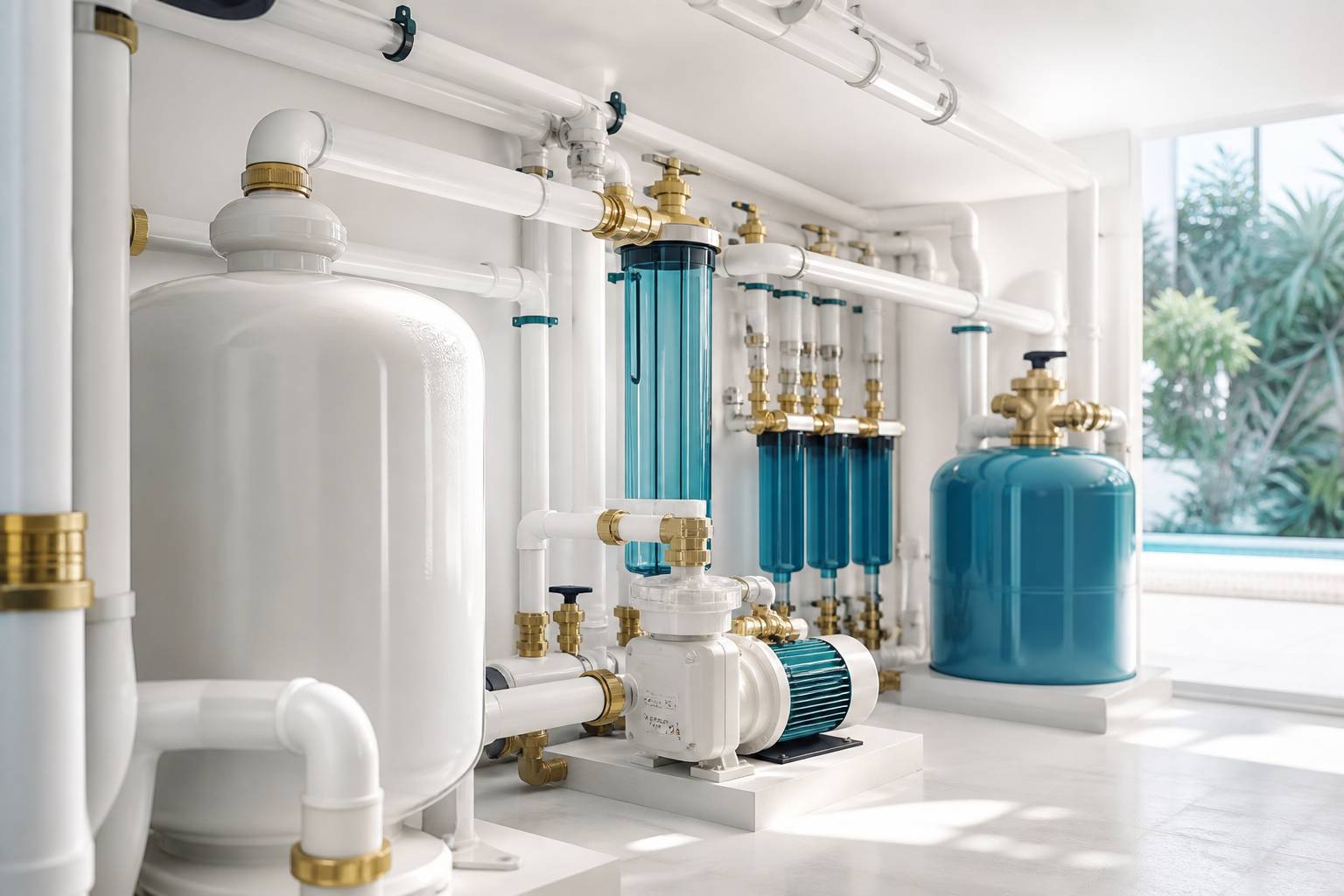 Local technique de piscine propre avec filtration et pompe organisées