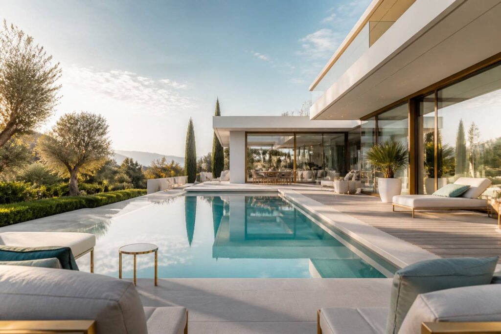 Piscine sur mesure à l'eau turquoise dans un jardin avec plage en bois