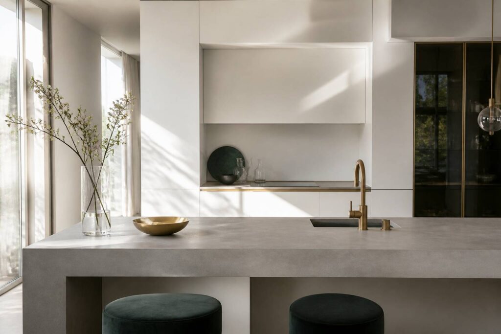 Cuisine contemporaine lumineuse avec plan de travail en béton coulé gris clair et armoires blanches