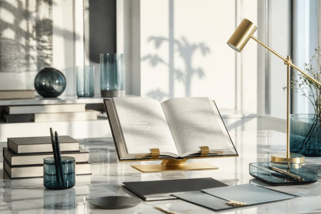 Bureau lumineux avec livre ouvert et documents de référence sans texte lisible