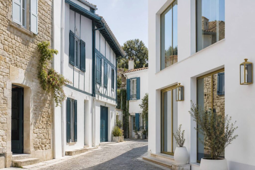 Rue de village avec maisons en pierre, colombages et façade moderne