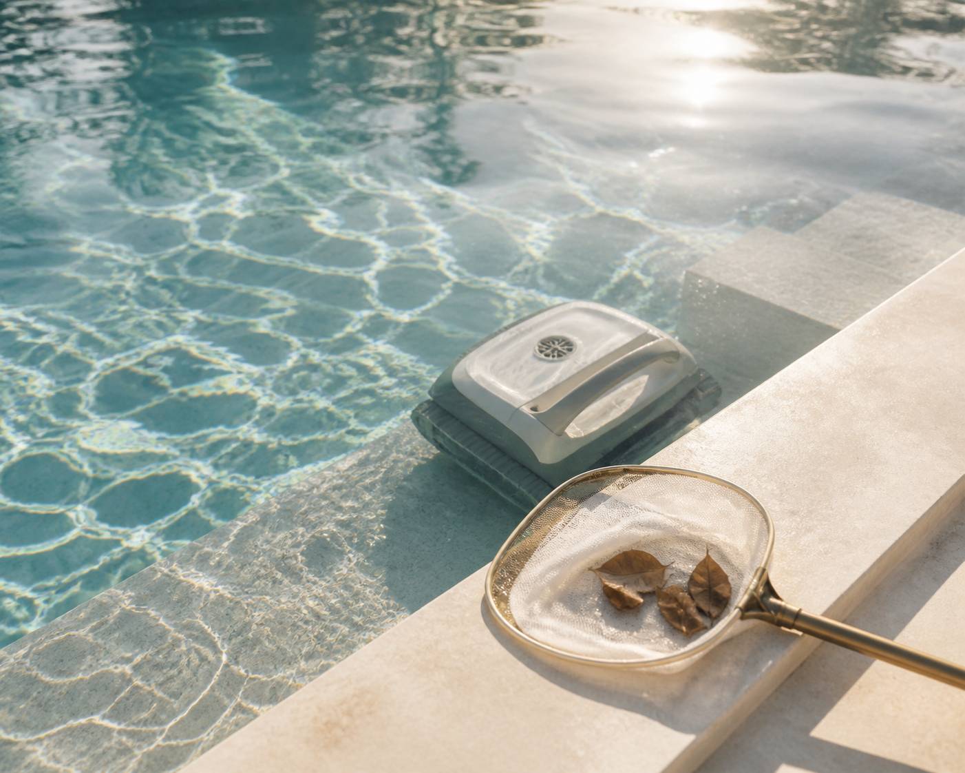 Surface d'eau de piscine avec reflets et robot nettoyeur