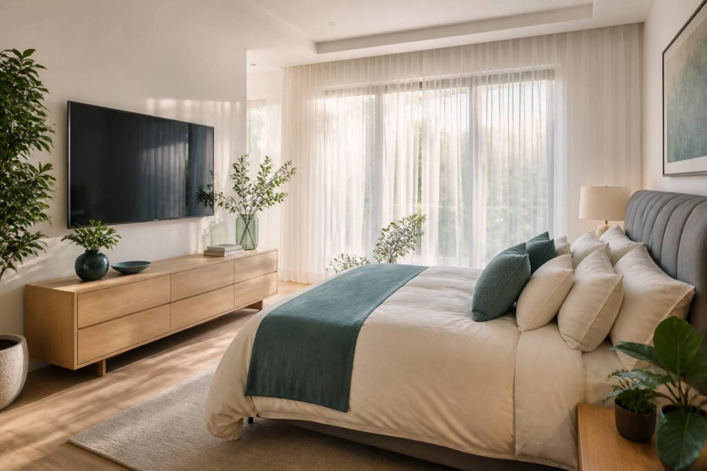 Télévision murale intégrée dans une chambre moderne et lumineuse