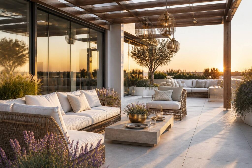 Terrasse contemporaine en rotin avec pergola, lavande et éclairage suspendu