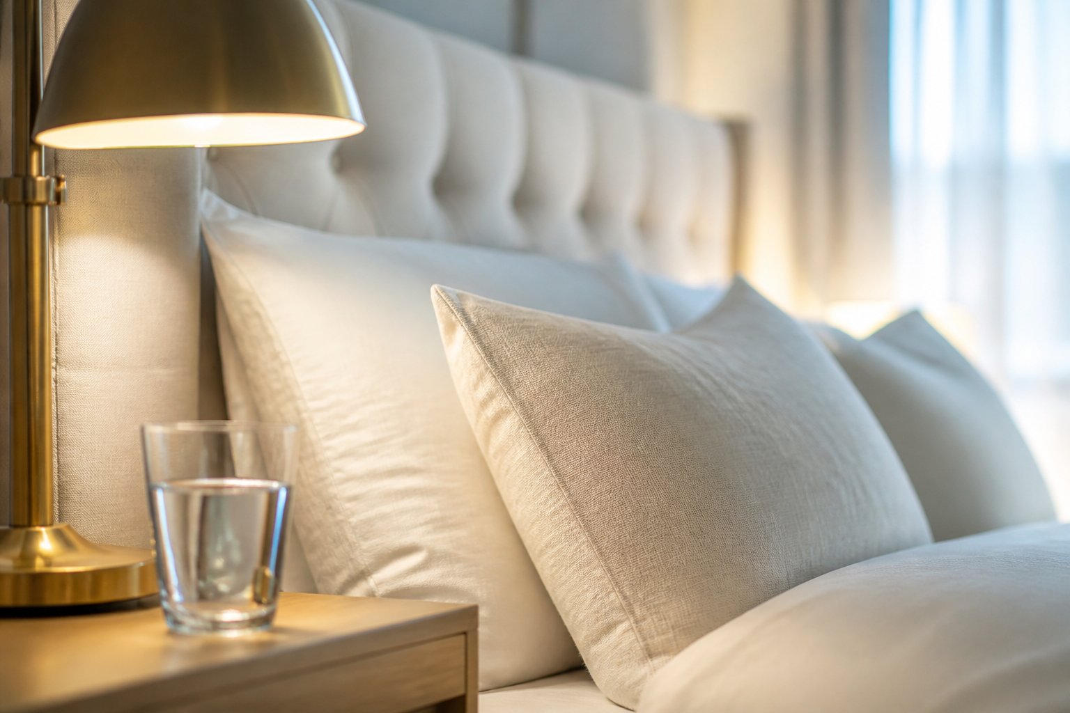 Tête de lit capitonnée avec coussins de lin et lampe de chevet en laiton